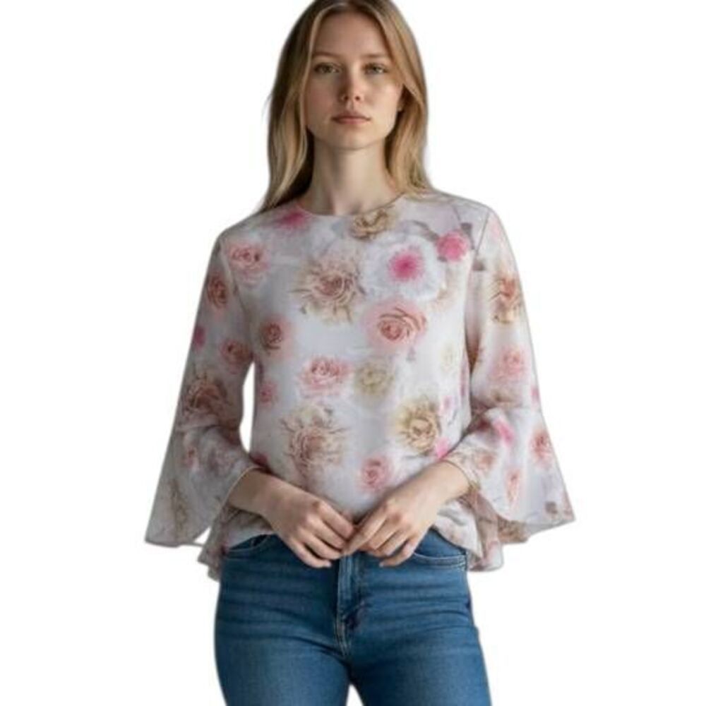 CATHERINE MALANDRINO PINK FLORAL BELL SLEEVE BLOUSE SZ.M EUC.